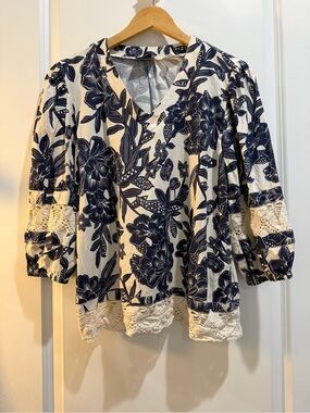Tahari Navy and Cream Floral Lace-Trim Peasant Blouse